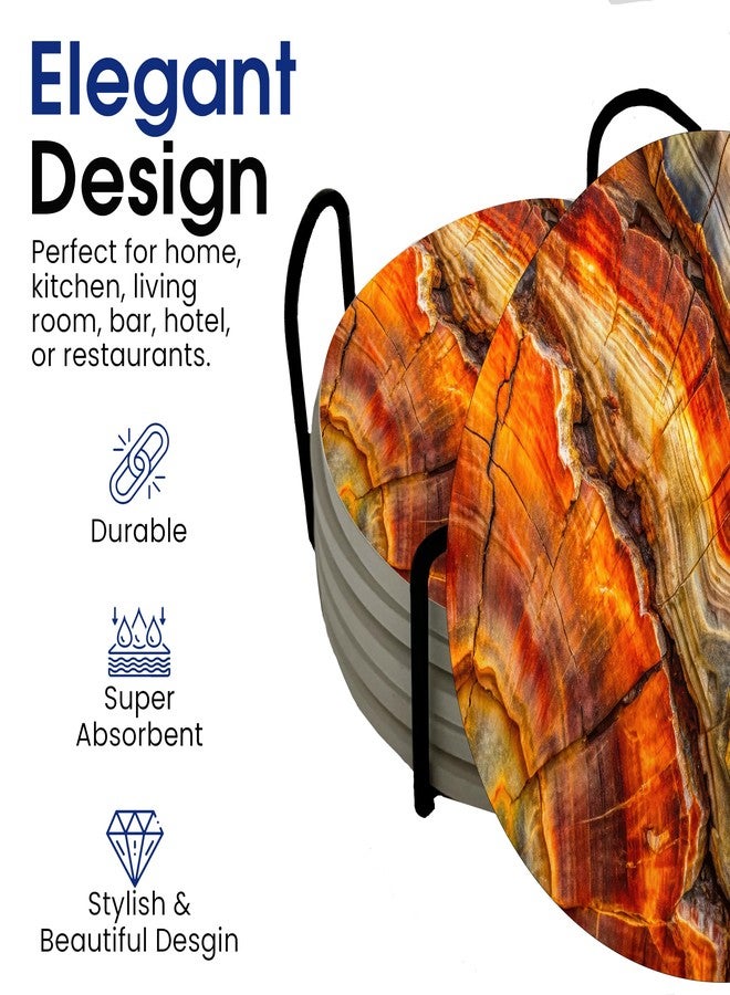 DAJDC Petrified Wood Agate Round Coasters Set of 6 - Abosrbent Ceramic Coasters with Metal Stand for Drinks, Coffee, Non-Slip Cork Back for Tabletop Protection, 4 Inches - Image 3